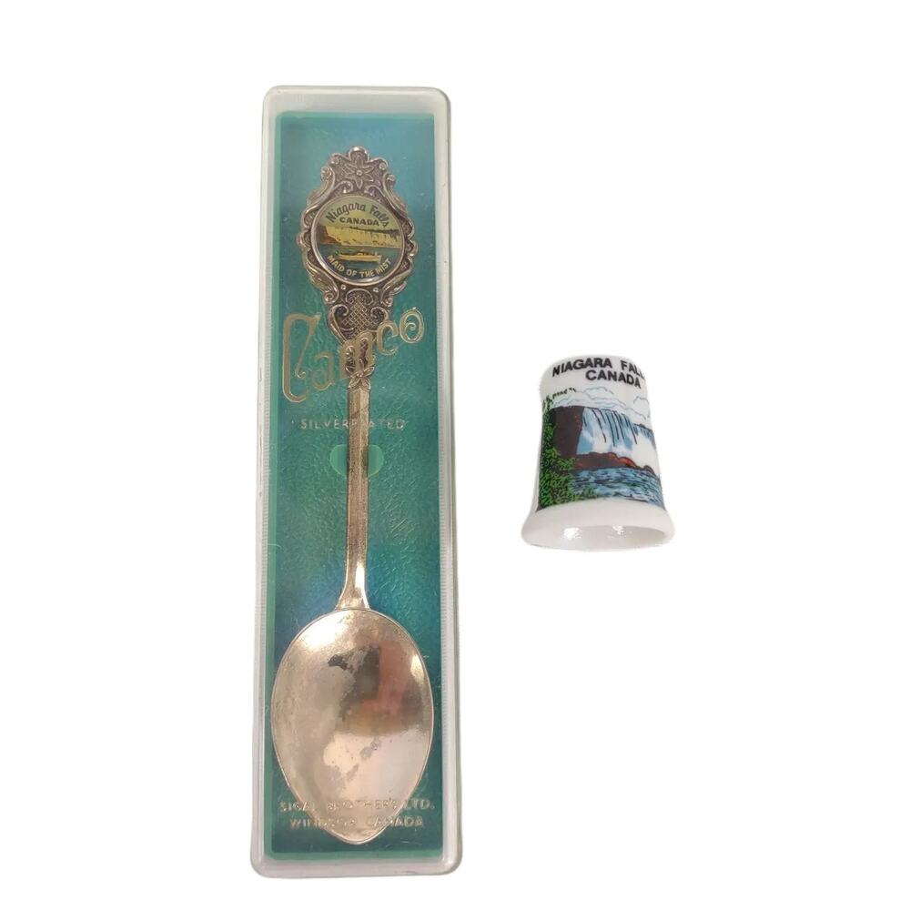 Vtg Mid-Century Niagara Falls Souvenir Cameo Silverplate Spoon & Ceramic Thimble